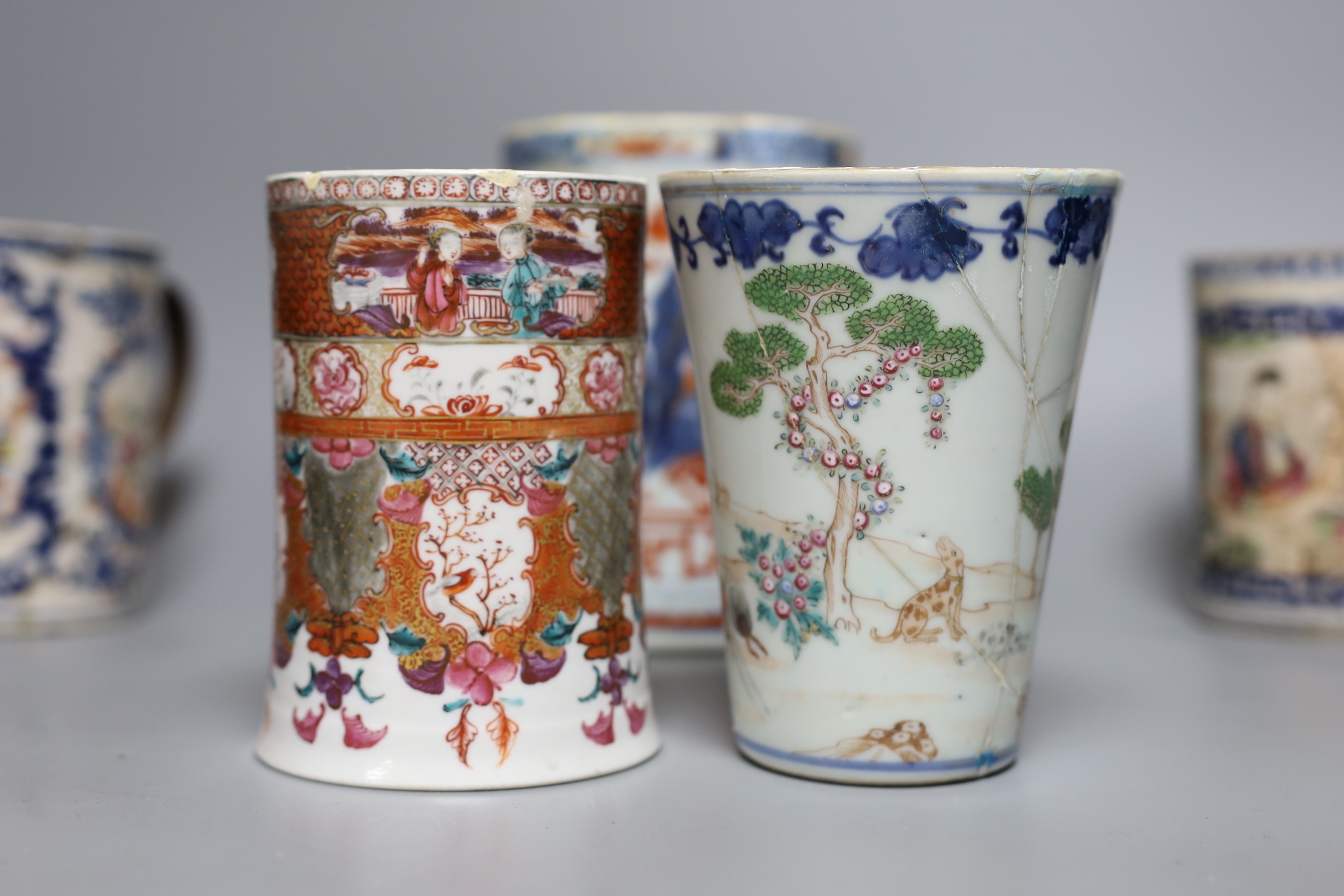 Seven various Chinese tankards, mostly export, 18th century and later (a.f)